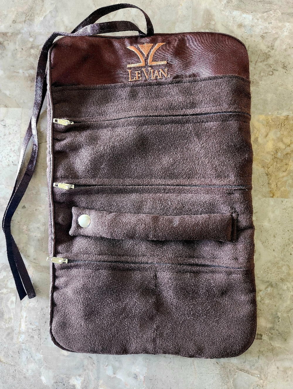 LeVian Jewelry Pouch Roll Bag Holder Brown Travel Pouch Tie Closure